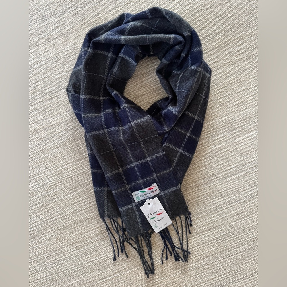 L’Accessorio Italiano blue gray plaid‎ fringe warm winter scarf men’s OS